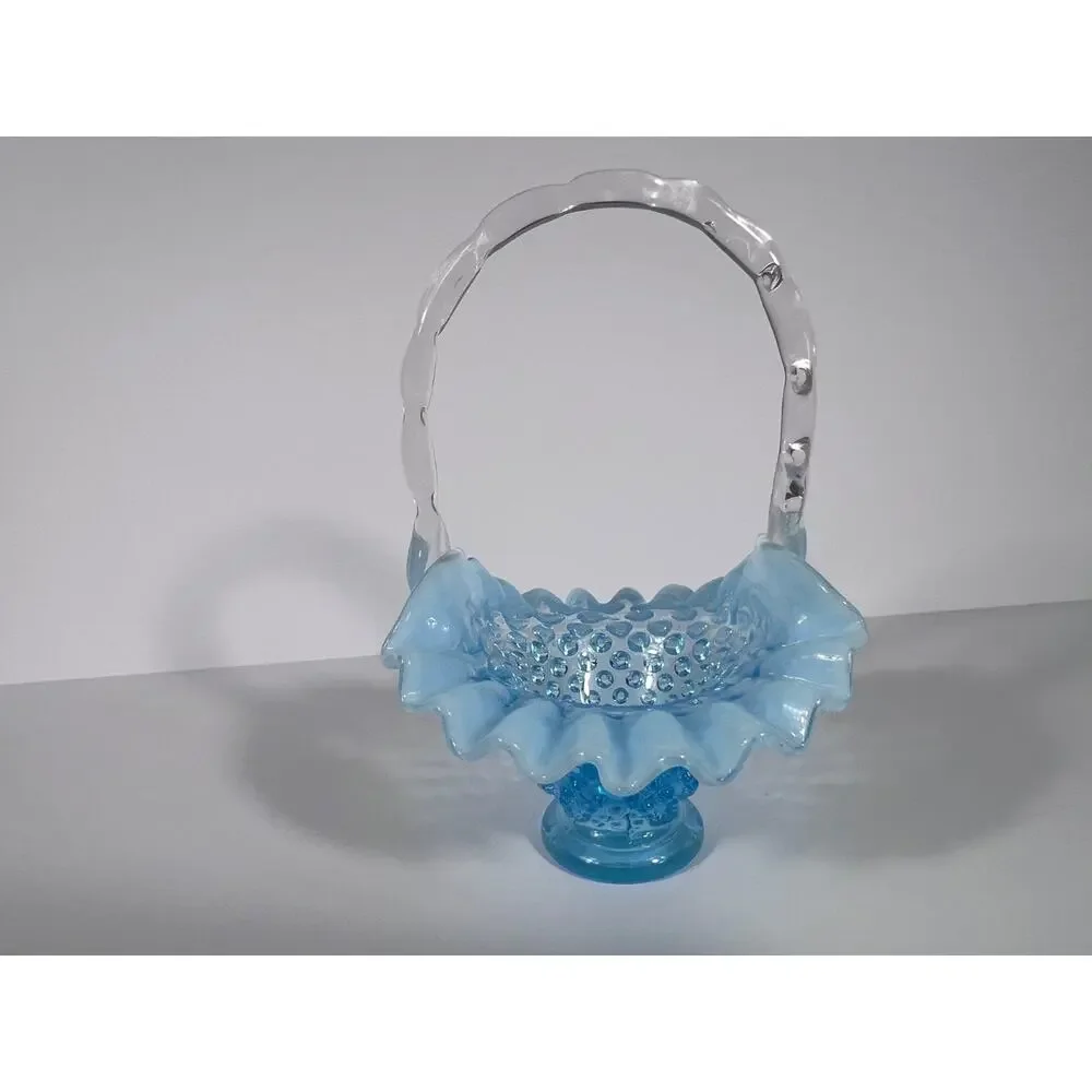 Vintage Fenton Small Hobnail Basket Teal blue with Opalescent Edge